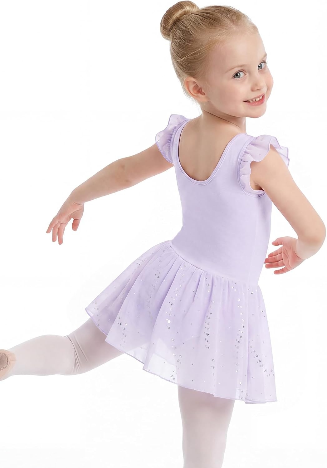 Stelle Girls Flutter Sleeve Ballet Leotards Toddler Tutu Skirted Dresses(Lavender)