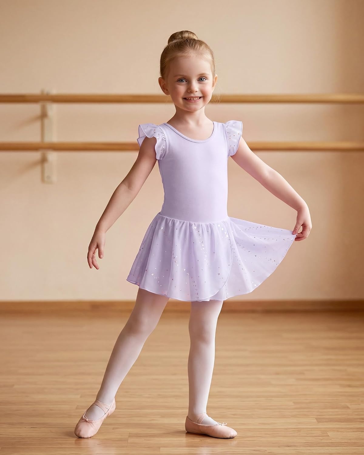 Stelle Girls Flutter Sleeve Ballet Leotards Toddler Tutu Skirted Dresses(Lavender)