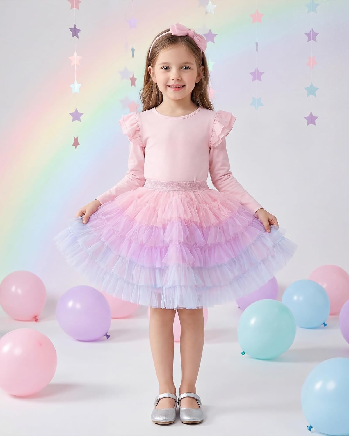 Stelle Girls Tutu Skirt 5 Layers Fluffy Tulle Dance Ballet Skirt Princess Birthday Party Costume(Pink Ombre)