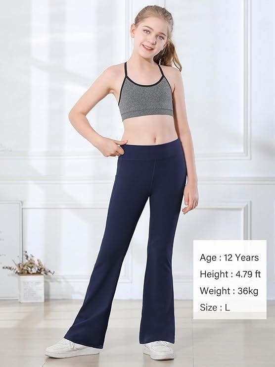 Stelle Girl’s Flare Leggings with Pockets High Waisted Bootcut Yoga Pants Kids Dance Bell Bottoms Leggings(15-c5-black/Navy)