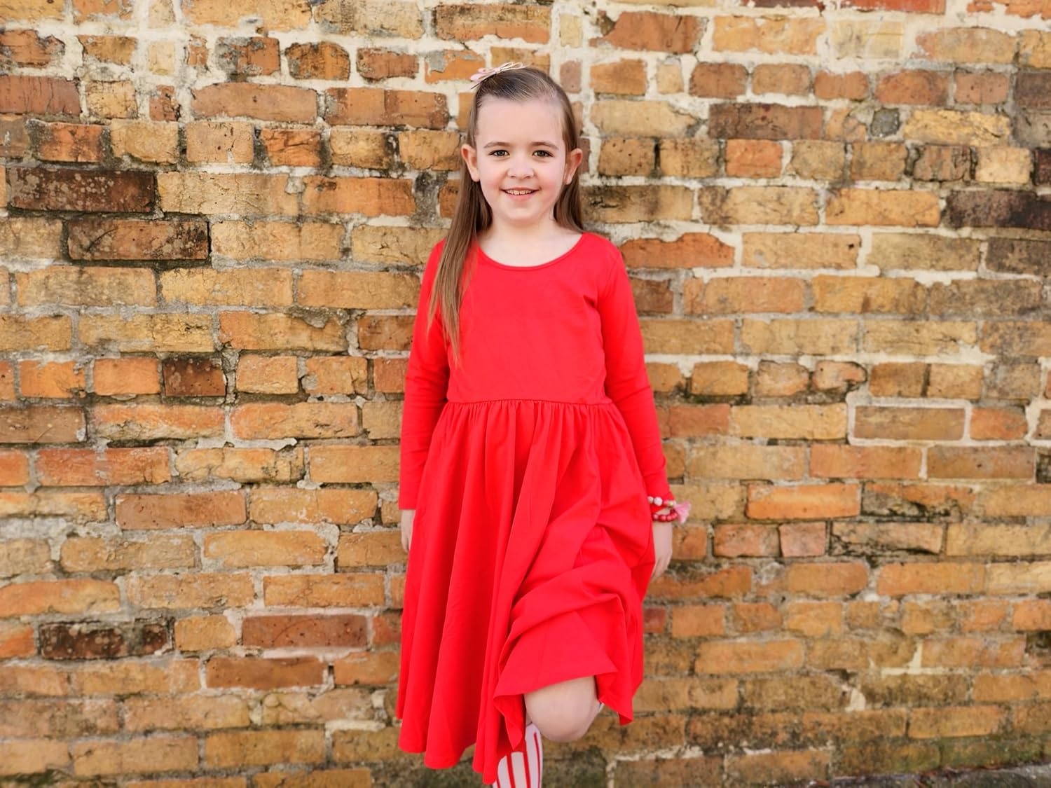 Stelle Long Sleeve Girls Dress Toddler Dresses Skater Twirl Cotton A-Line Dress for School Casual | Criss Cross Back,Crew Neck,High Waist,Spinny Swing,Stretchable,Spring Fall Winter,Casual School Birthday Dance(Red)