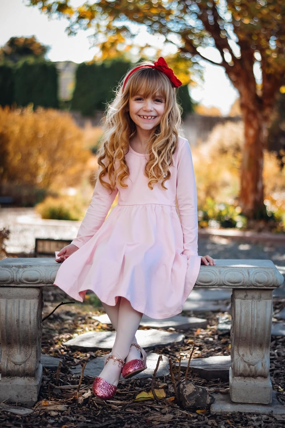 Stelle Long Sleeve Girls Dress Toddler Dresses Skater Twirl Cotton A-Line Dress for School Casual | Criss Cross Back,Crew Neck,High Waist,Spinny Swing,Stretchable,Spring Fall Winter,Casual School Birthday Dance(Pink)