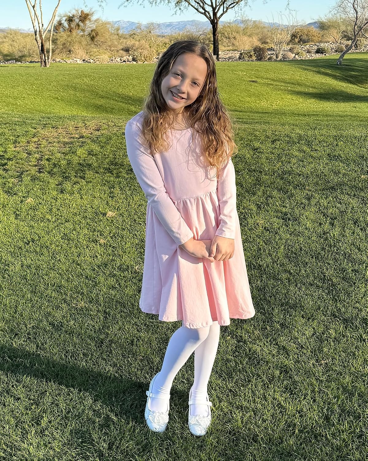 Stelle Long Sleeve Girls Dress Toddler Dresses Skater Twirl Cotton A-Line Dress for School Casual | Criss Cross Back,Crew Neck,High Waist,Spinny Swing,Stretchable,Spring Fall Winter,Casual School Birthday Dance(Pink)