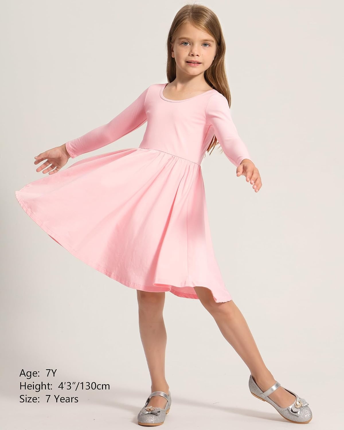 Stelle Long Sleeve Girls Dress Toddler Dresses Skater Twirl Cotton A-Line Dress for School Casual | Criss Cross Back,Crew Neck,High Waist,Spinny Swing,Stretchable,Spring Fall Winter,Casual School Birthday Dance(Pink)