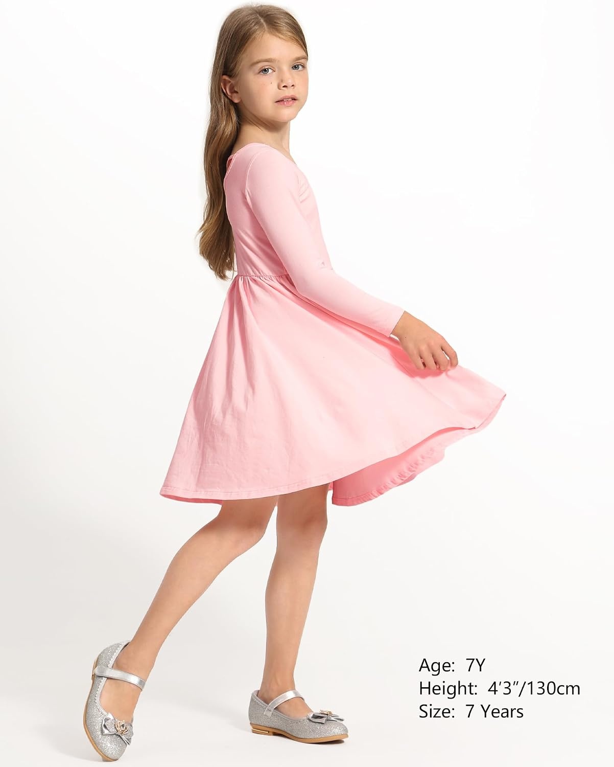 Stelle Long Sleeve Girls Dress Toddler Dresses Skater Twirl Cotton A-Line Dress for School Casual | Criss Cross Back,Crew Neck,High Waist,Spinny Swing,Stretchable,Spring Fall Winter,Casual School Birthday Dance(Pink)