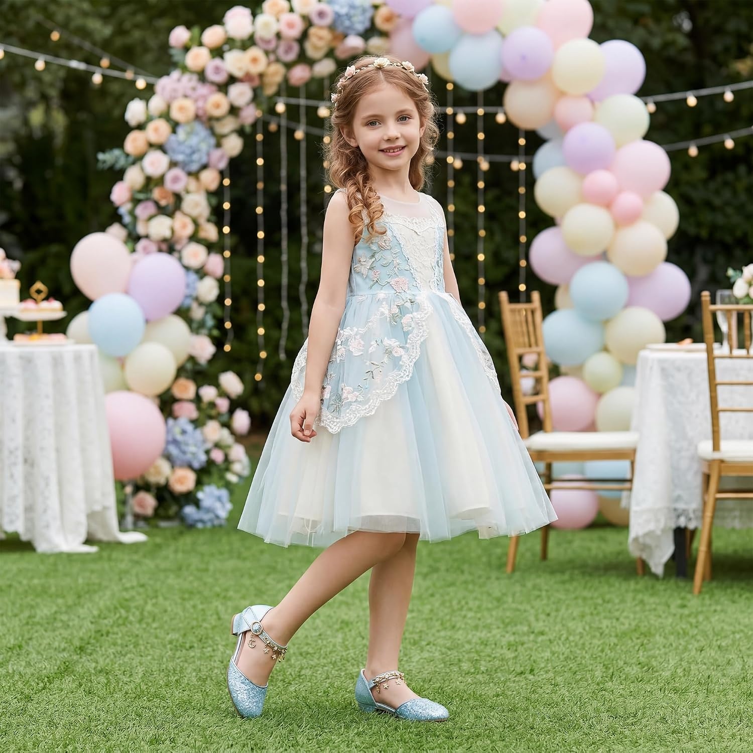 Stelle Girls Glitter Charm Dress Shoes Sequins Princess Heels for Party | Sparkle finish, Decorative charms, Cushioned comfort, Flexible outsole, Dress-up, Special occasions, Comfortable fit(Icy Blue Glitter)