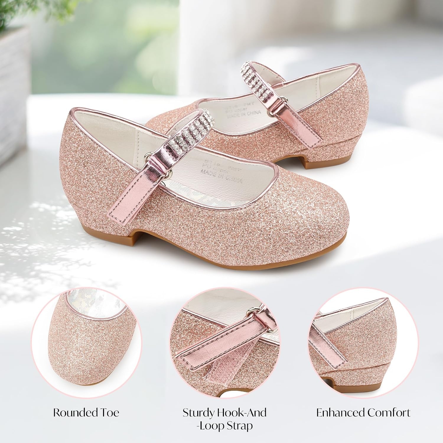 Stelle Girls Mary Jane Dress Shoes Low Heel Glitter Patent Bow Kids Party Wedding Flower Girl School Shoes(Toddler/Little/Big Kid)(Glitter Mary Jane-rose)