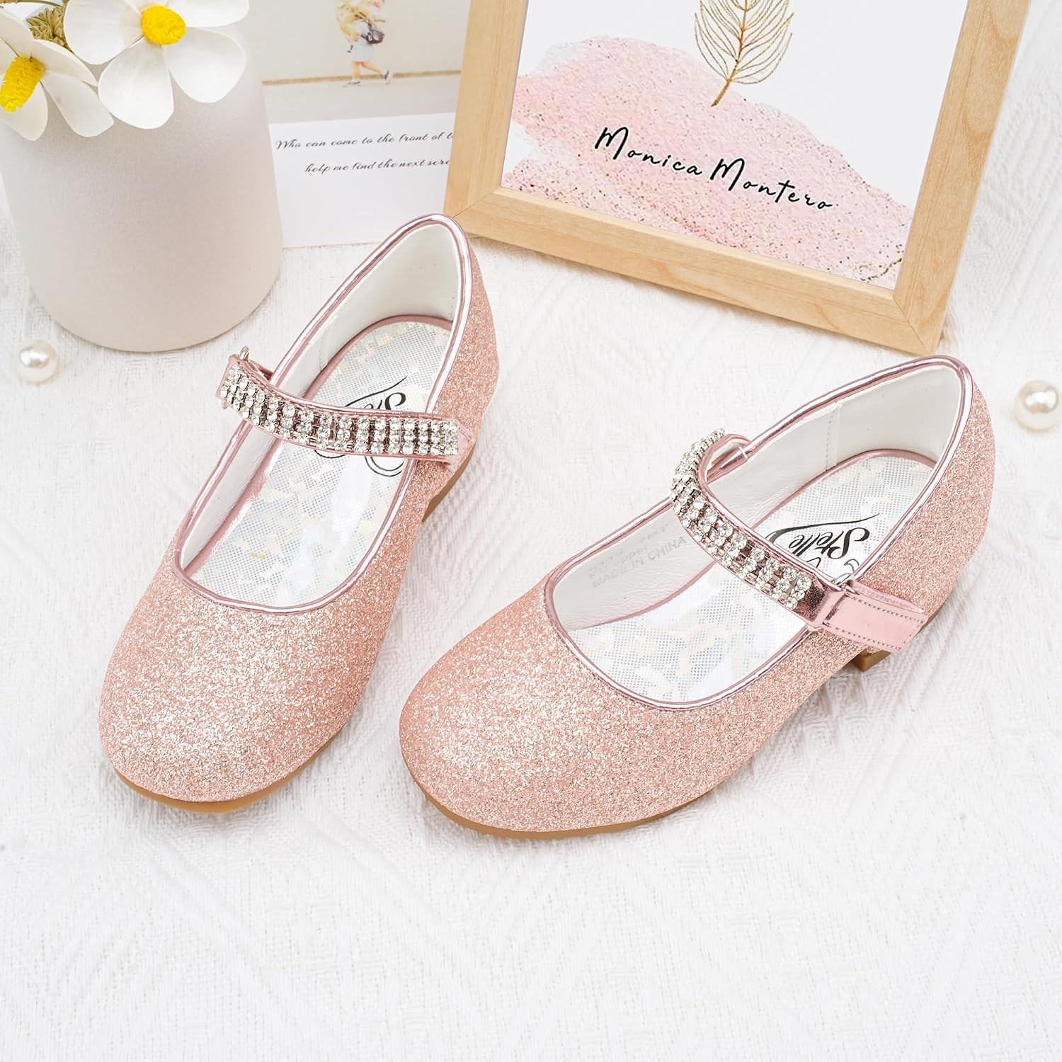 Stelle Girls Mary Jane Dress Shoes Low Heel Glitter Patent Bow Kids Party Wedding Flower Girl School Shoes(Toddler/Little/Big Kid)(Glitter Mary Jane-rose)