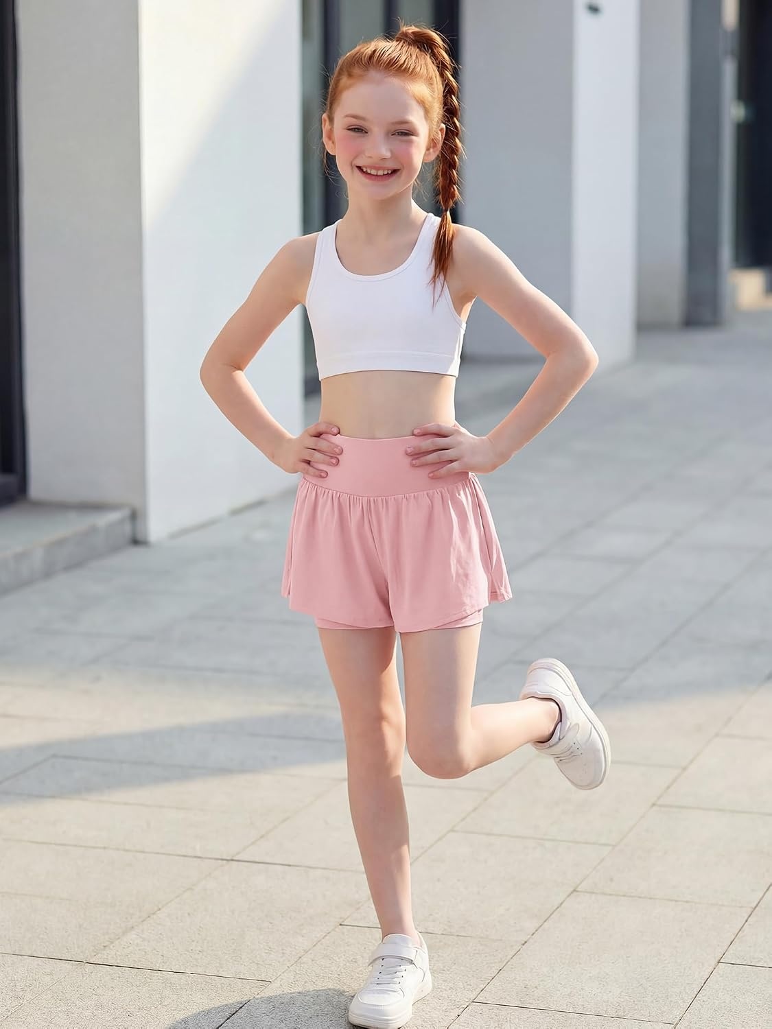 Stelle Girls Athletic Shorts Flowy Running 2 in 1 Butterfly Short with Pockets Soccer Tennis for Teen(Light Pink)