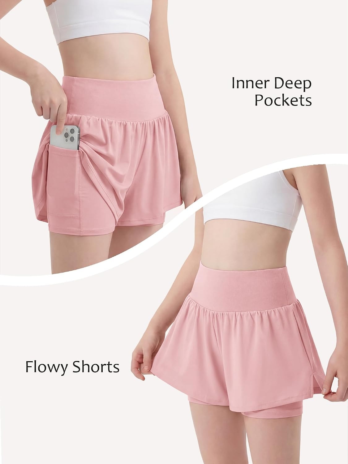 Stelle Girls Athletic Shorts Flowy Running 2 in 1 Butterfly Short with Pockets Soccer Tennis for Teen(Light Pink)