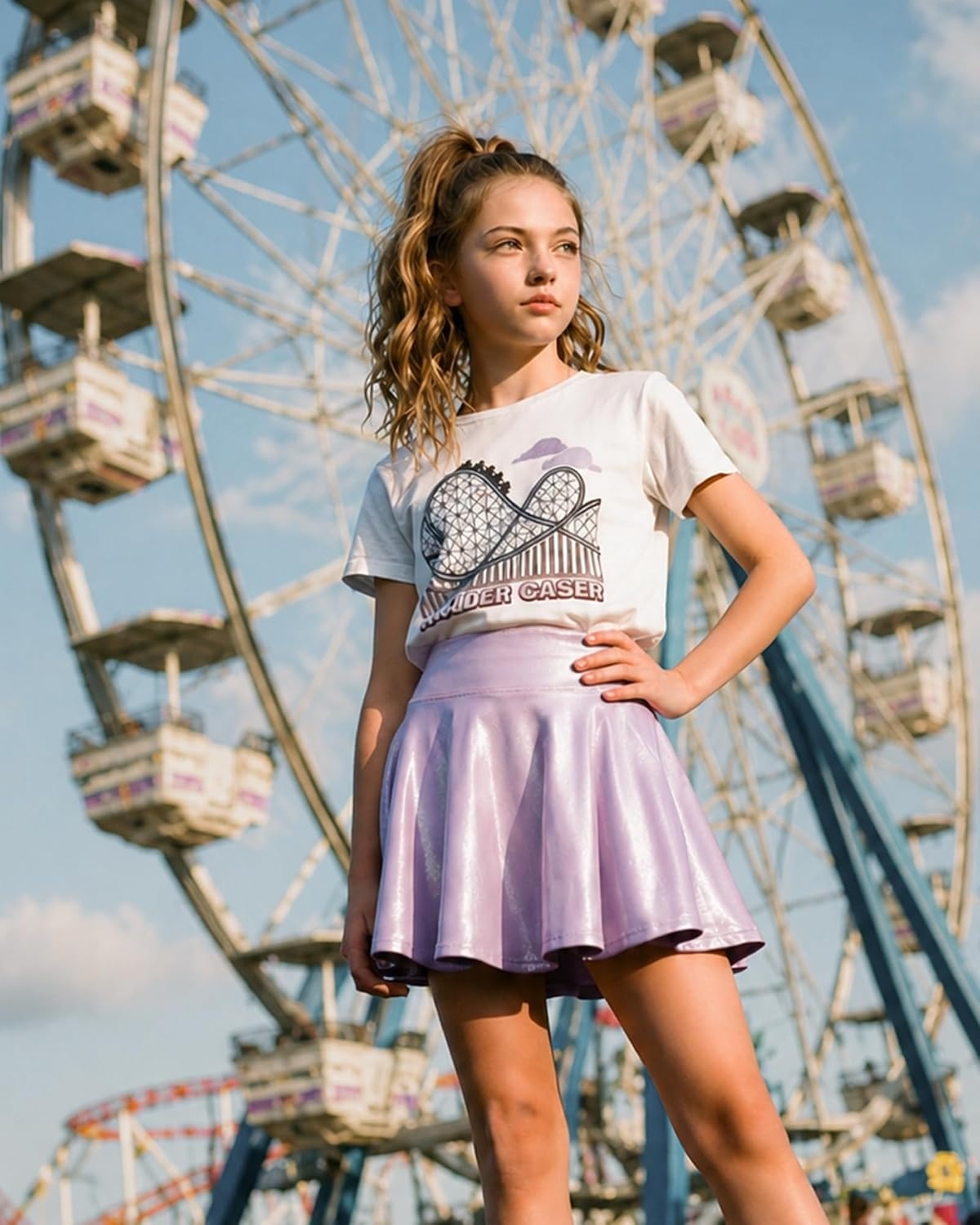 Stelle Girls Metallic Skirt with Short High Waisted Skort 6-15 Years | Sparkly Shiny, Stretchy Comfortable, Cheer, Dancewear, Birthday Party, Kids, Youth,Skater Style, School Events,Tennis Court(Lavender)