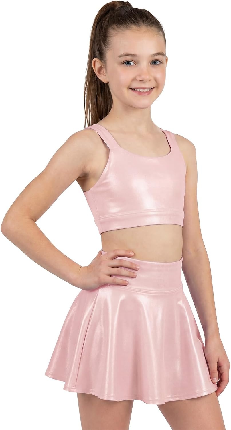Stelle Girls Metallic Dance Tops Shiny Athletic Crop Tank Cross Back | Sparkly Shiny, Sleeveless, Scoop Neck, Stretchy Comfortable, Cheer, Party, Dancewear, Gymnastics, Kids, Youth, Tumbling(Pink)