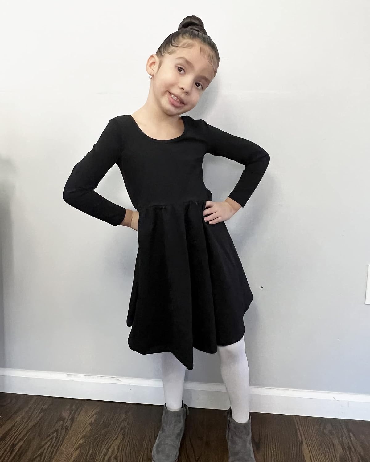 Stelle Girls Cotton Long Sleeve Dress Twirl Skater Dress 3-12Y | Criss Cross Back,A Line,Crew Neck,Cotton Dress for Tie Dye School Dance Casual Birthday Christmas Easter Spring Fall Winter(Black)