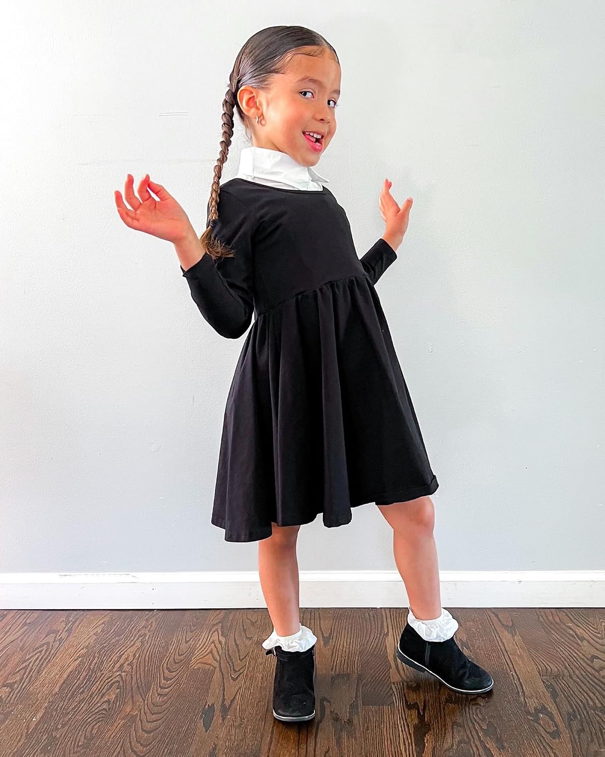 Stelle Girls Cotton Long Sleeve Dress Twirl Skater Dress 3-12Y | Criss Cross Back,A Line,Crew Neck,Cotton Dress for Tie Dye School Dance Casual Birthday Christmas Easter Spring Fall Winter(Black)