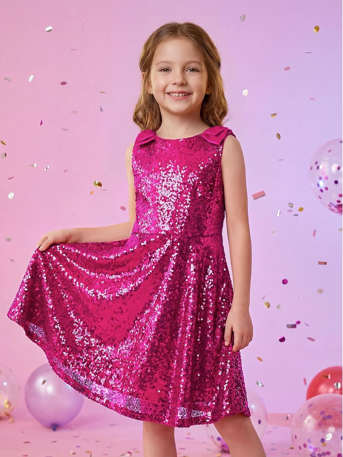 Stelle Girls Sequin Dress Sleeveless A-Line Sparkly Dresses 5-15 Y | Bow on Shoulder, Zipper Back,Fully Lining,Scoop Neck,Twirly,Birthday Formal Party Fancy Graduation Wedding Christmas Holiday(Fuchsia)