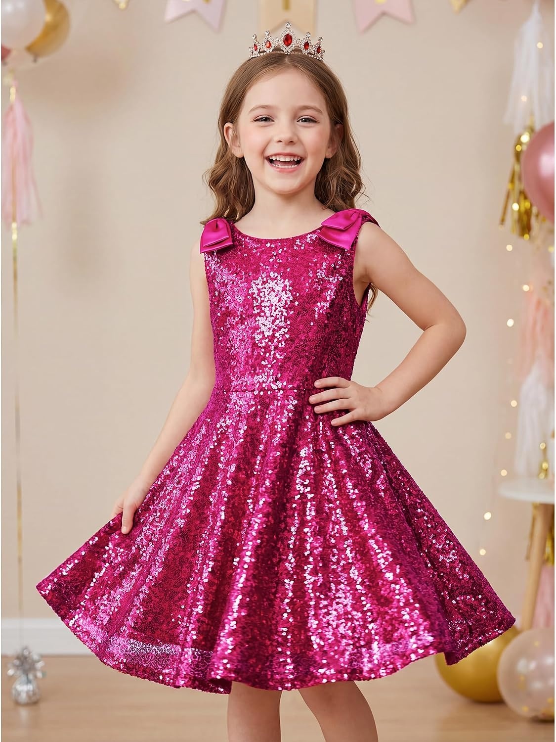 Stelle Girls Sequin Dress Sleeveless A-Line Sparkly Dresses 5-15 Y | Bow on Shoulder, Zipper Back,Fully Lining,Scoop Neck,Twirly,Birthday Formal Party Fancy Graduation Wedding Christmas Holiday(Fuchsia)