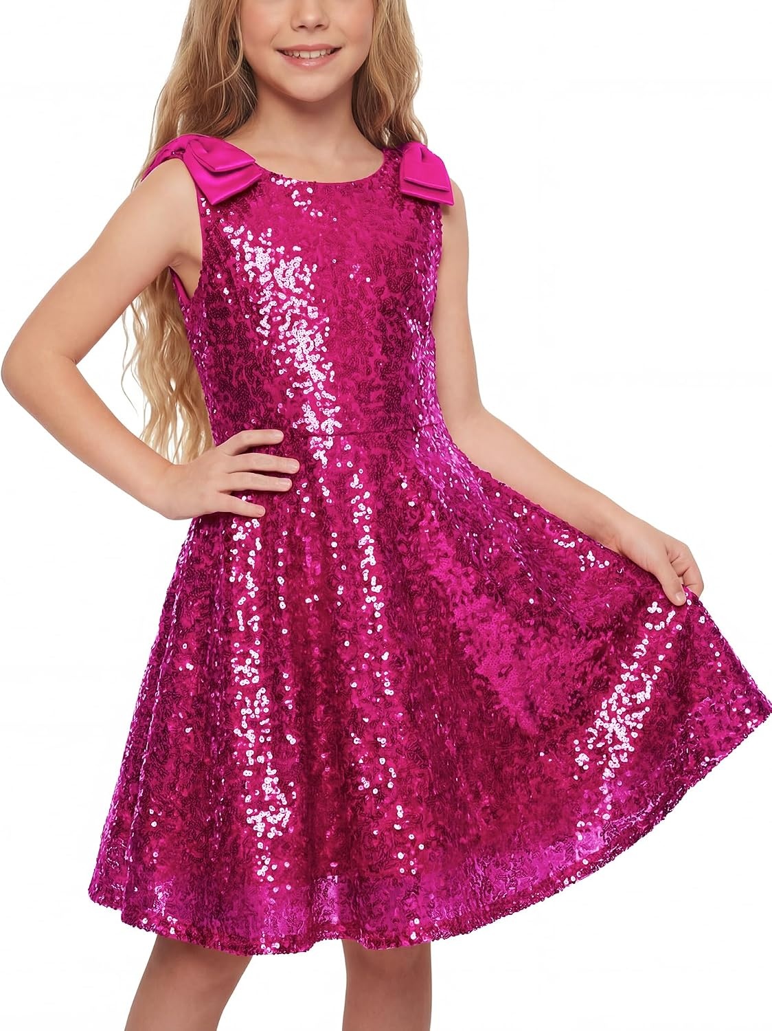 Stelle Girls Sequin Dress Sleeveless A-Line Sparkly Dresses 5-15 Y | Bow on Shoulder, Zipper Back,Fully Lining,Scoop Neck,Twirly,Birthday Formal Party Fancy Graduation Wedding Christmas Holiday(Fuchsia)