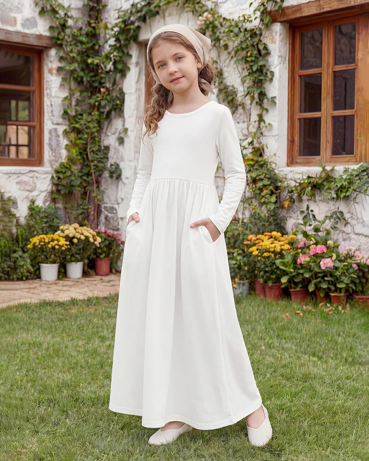 Stelle Girls Long Sleeve Maxi Dress with Pockets 6-15 Years(White)