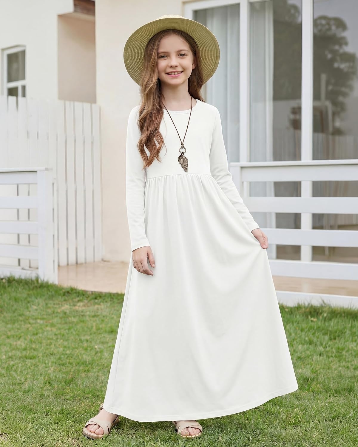 Stelle Girls Long Sleeve Maxi Dress with Pockets 6-15 Years(White)