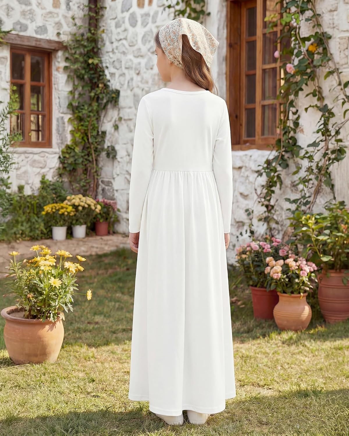 Stelle Girls Long Sleeve Maxi Dress with Pockets 6-15 Years(White)