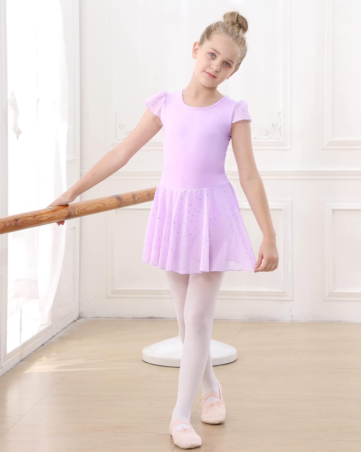 Stelle Ballet Leotards for Girls Dance Leotard with Skirt Toddler Pink Ballet Outfit Ruffle Sleeve Kids Dance Dress(1-lavender(shiny Skirt))