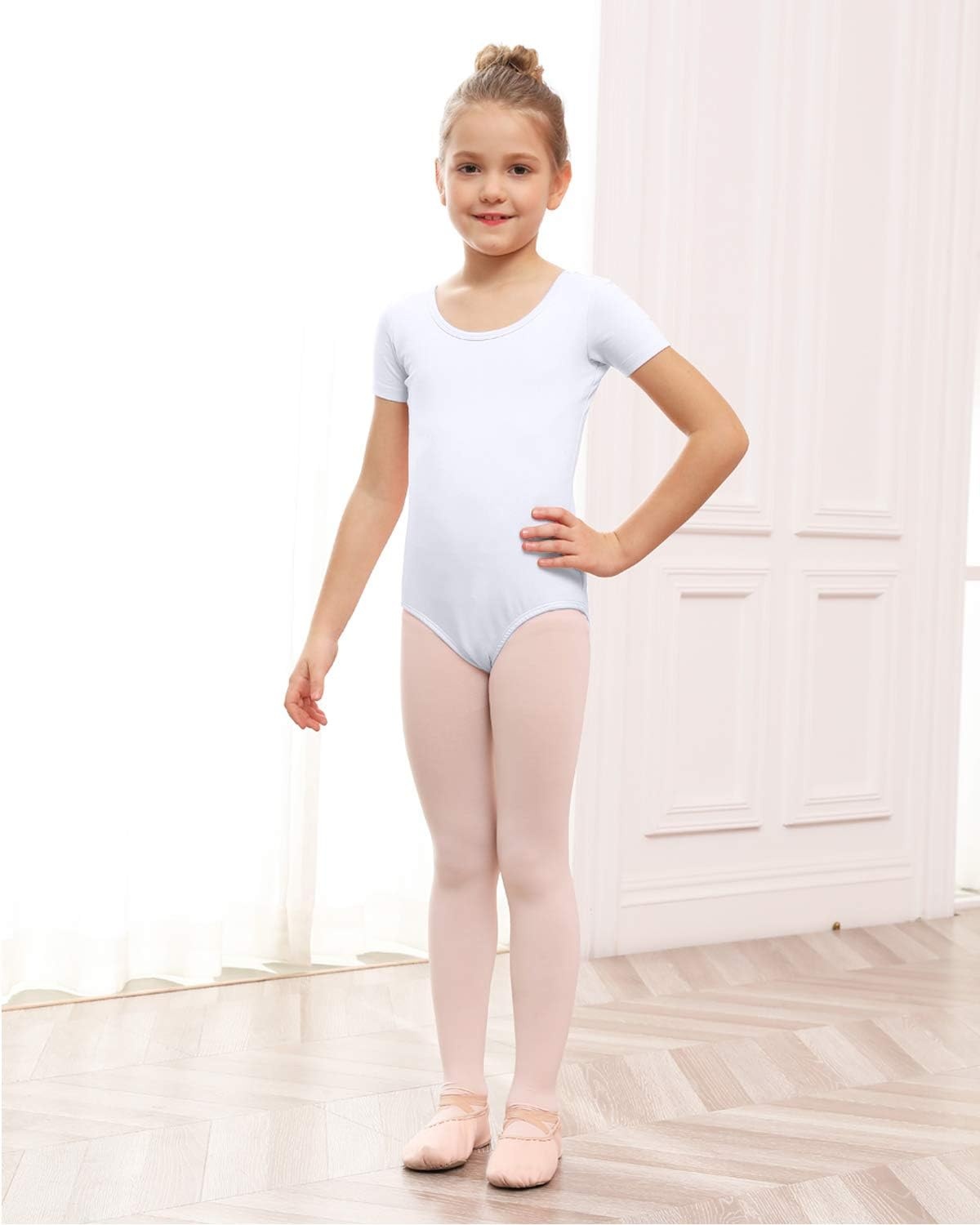 Stelle Girls Cotton Ballet Dance Leotard with Bow Back for Dance Class | Cotton, Soft stretch fabric, Breathable, Comfort fit, Leotard for girls, Toddler, Ballet class, Gymnastics, Dance recital(1-white)
