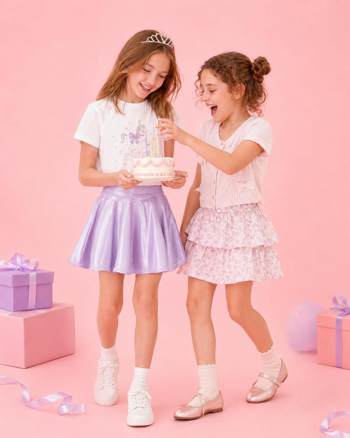 Stelle Girls Metallic Skirt with Short High Waisted Stretchy Skort Dance Shiny Skater Party Skirts for Kids 6-15 Years(Lavender)