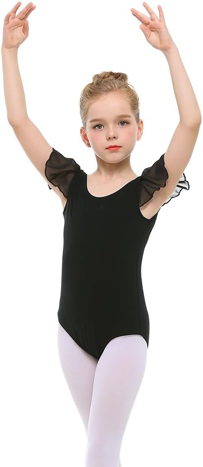 Stelle Girls Leotards Black Ballet Dance Leotards Ruffle Short Sleeve Gymnastics Outfits(Toddler/Little Kid/Big Kid)(Black)