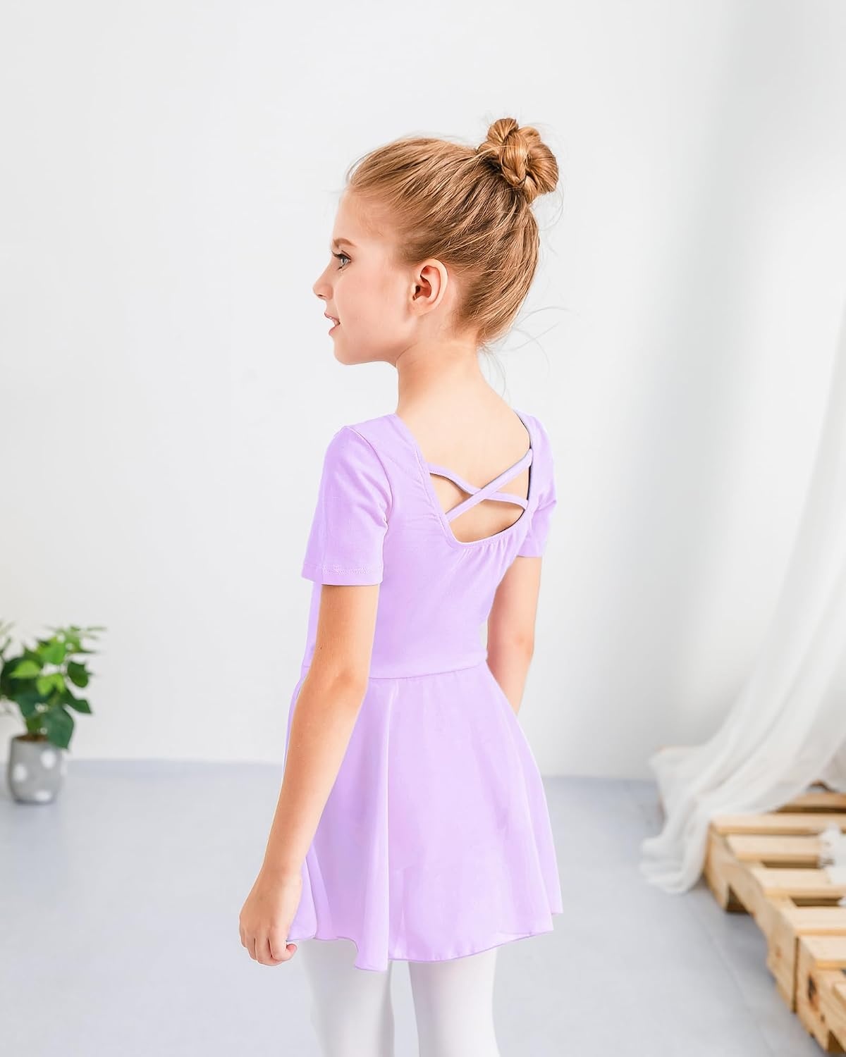 Stelle Ballet Leotards for Girls Toddler Ballet Outfit Dance Leotard Dress | Ballerina Outfit Dress, Criss-Cross & Bow Back, Soft Stretch Fabric, Short Sleeve, Dance Recital, Gymnastics, Performance(Style 1-lavender(cross Back))