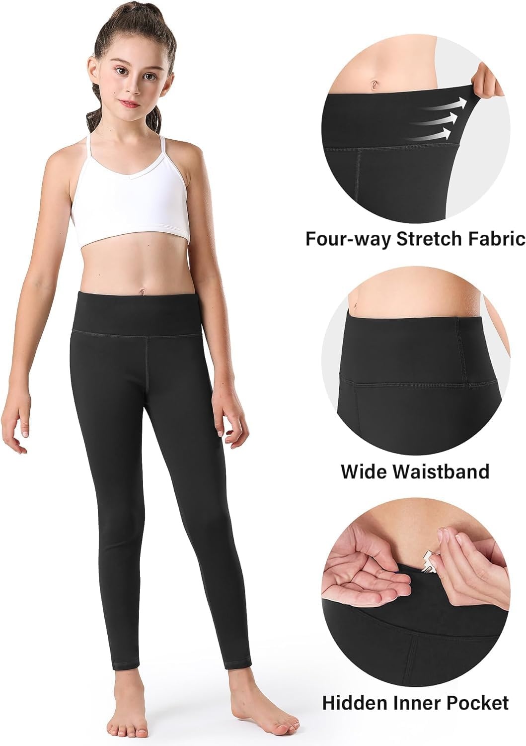 Stelle Girls Fleece Lined Leggings with Hidden Pocket High Waisted 2 Packs(2-pack-black)