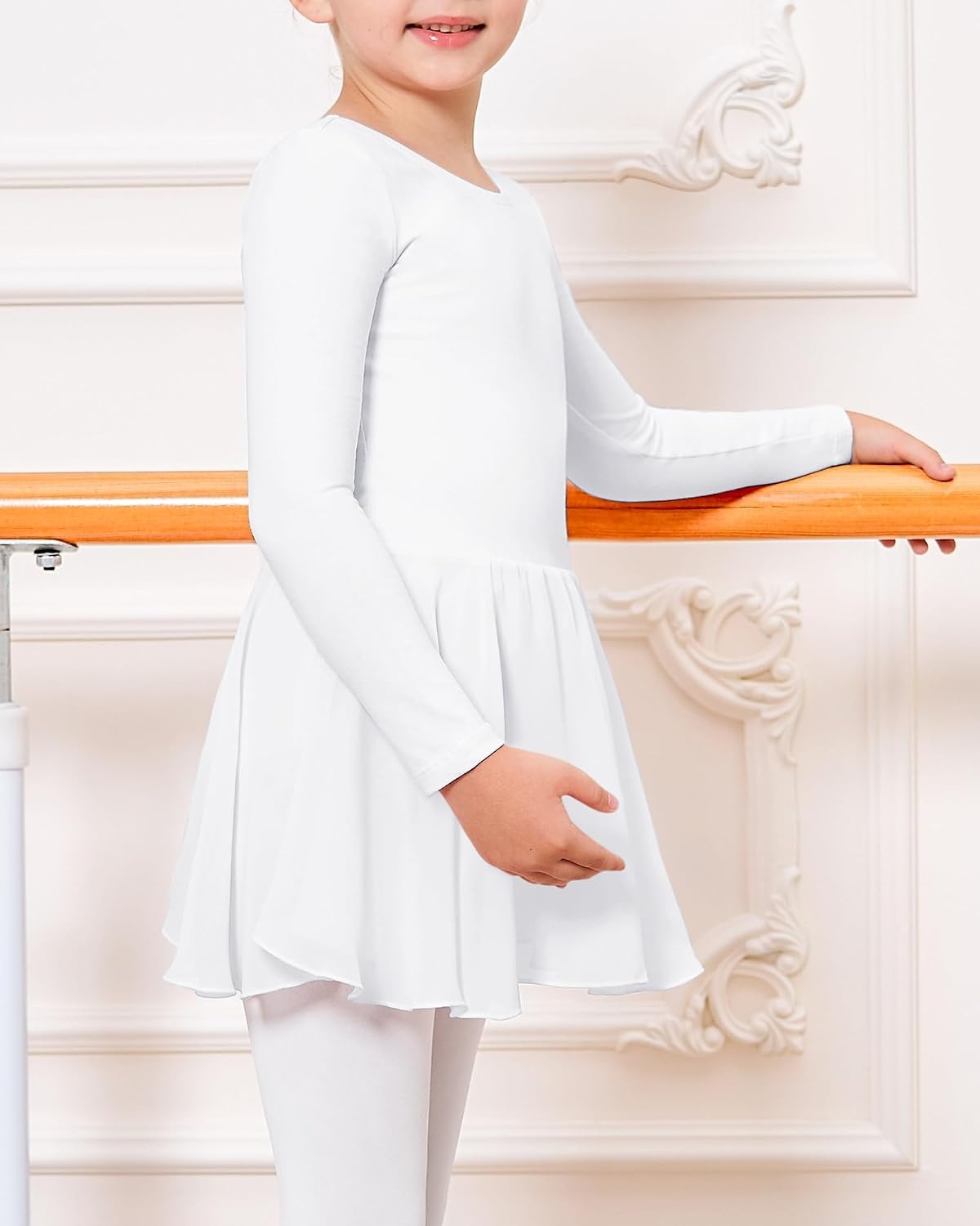 Stelle Ballet Leotards for Girls Long Sleeve Toddler Dance Leotard Outfits(White)