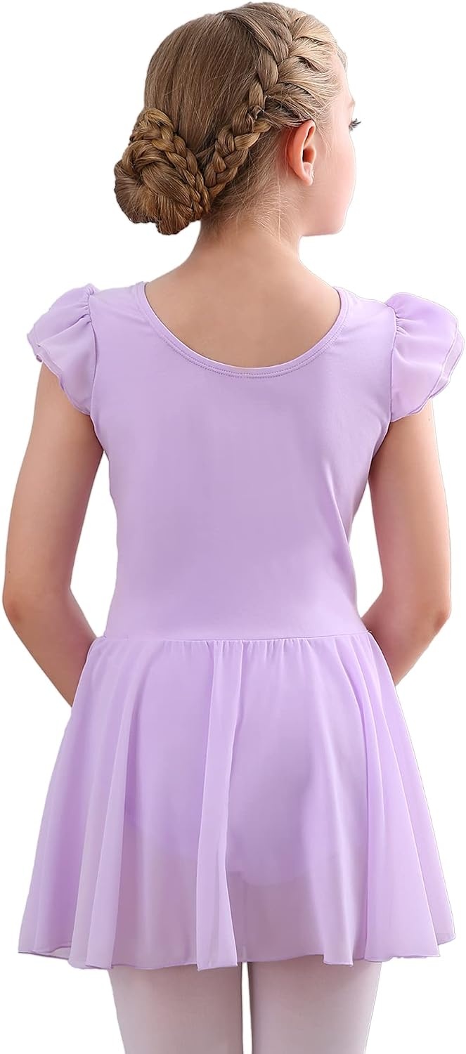 Stelle Ballet Leotards for Girls Dance Leotard with Skirt Toddler Pink Ballet Outfit Ruffle Sleeve Kids Dance Dress(2-light Purple)