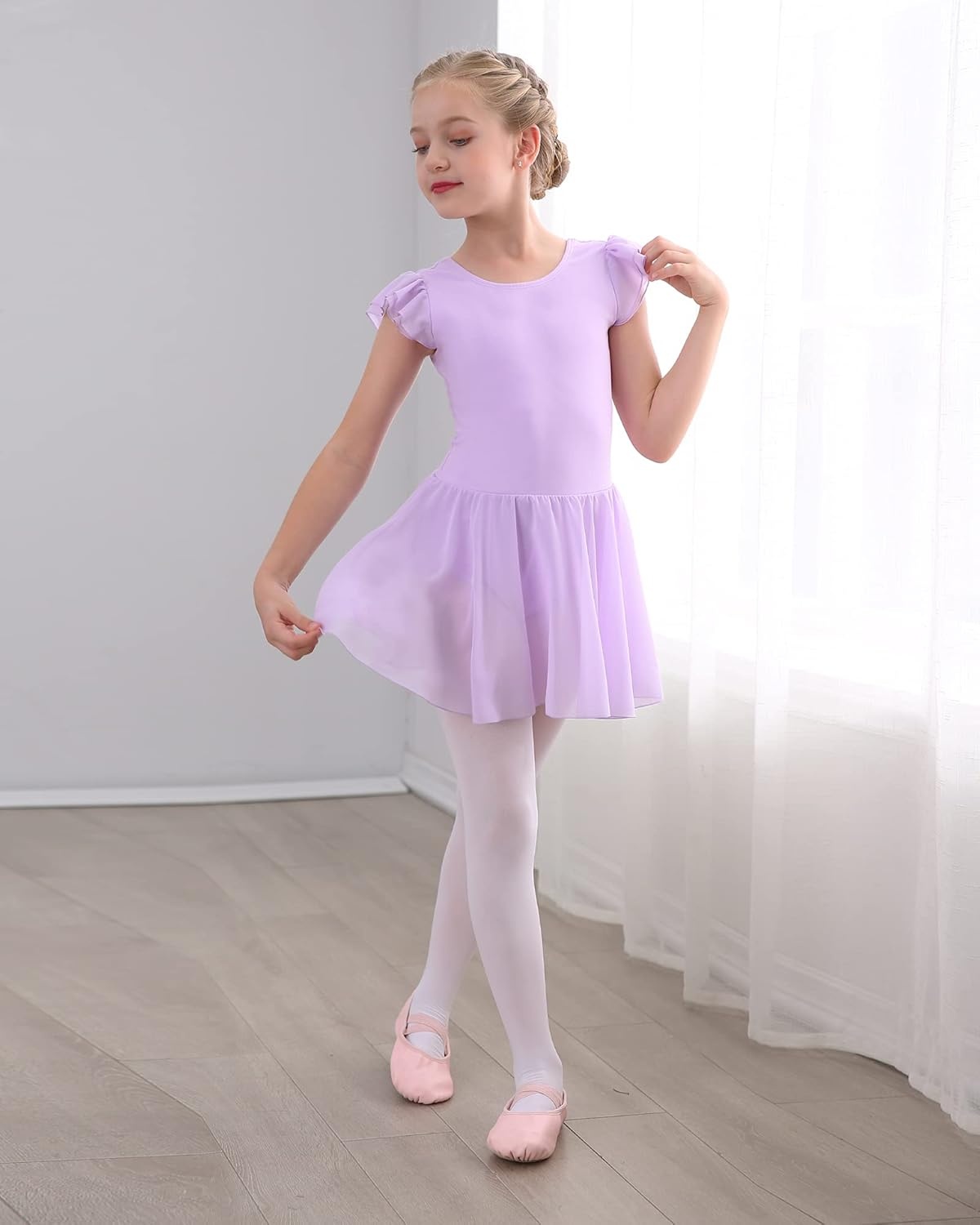 Stelle Ballet Leotards for Girls Dance Leotard with Skirt Toddler Pink Ballet Outfit Ruffle Sleeve Kids Dance Dress(2-light Purple)