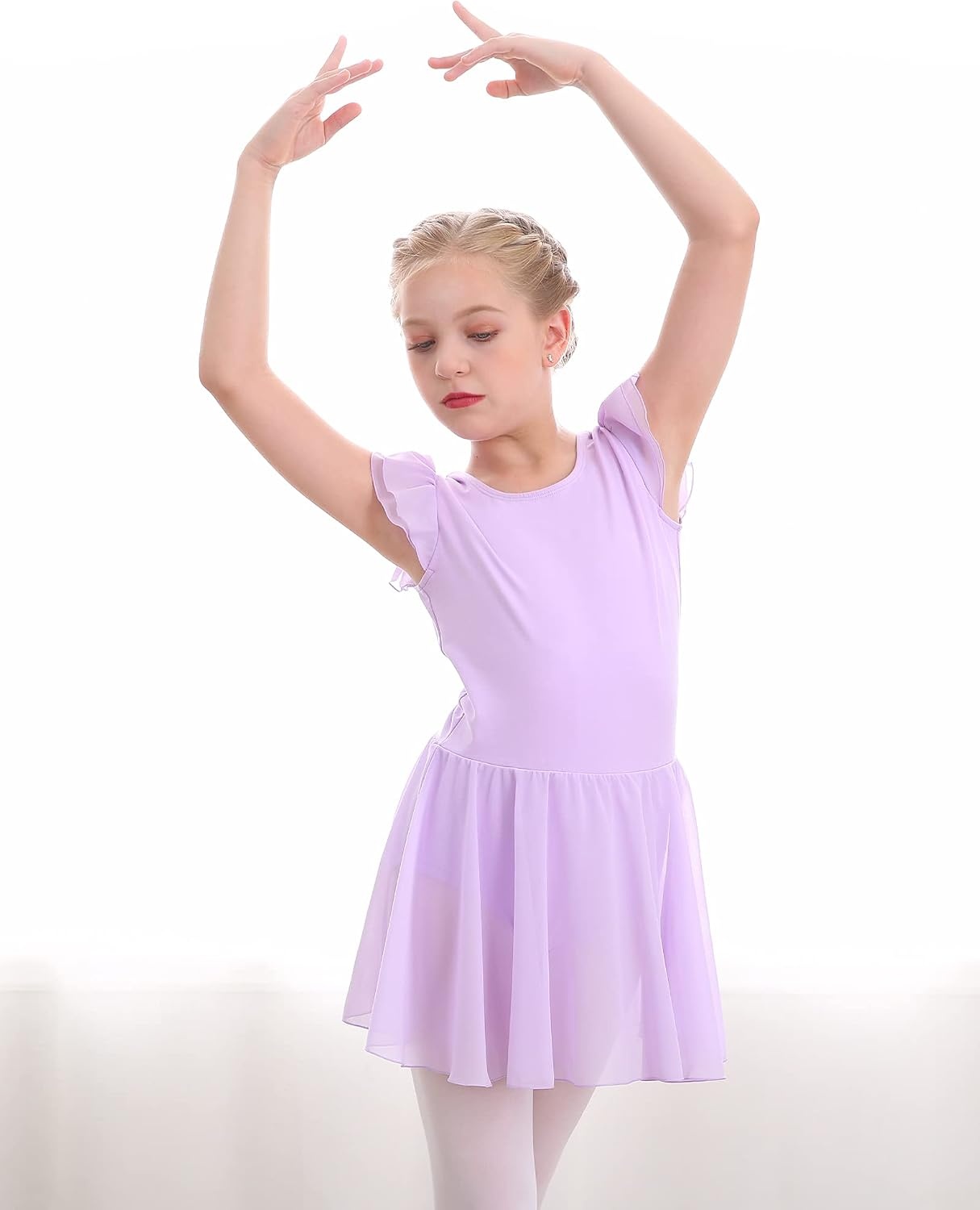 Stelle Ballet Leotards for Girls Dance Leotard with Skirt Toddler Pink Ballet Outfit Ruffle Sleeve Kids Dance Dress(2-light Purple)