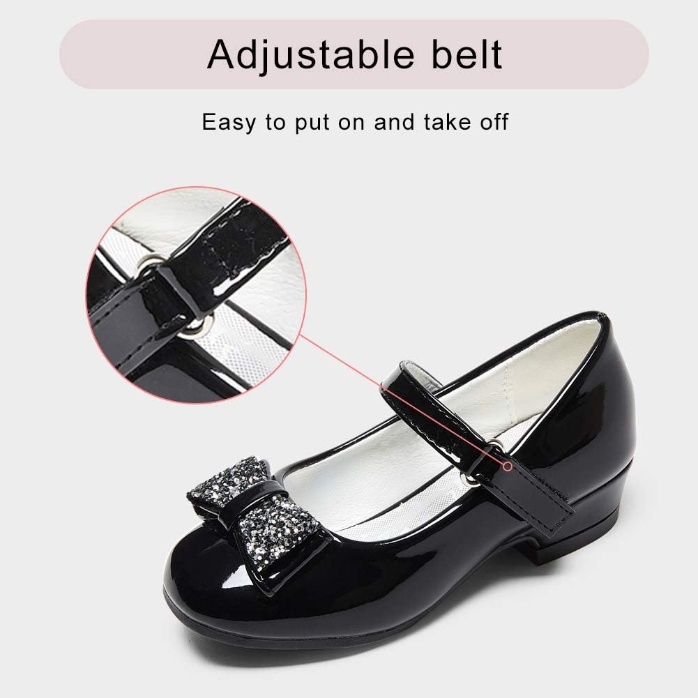 Stelle Girls Mary Jane Dress Shoes Low Heel Glitter Patent Bow Kids Party Wedding Flower Girl School Shoes(Toddler/Little/Big Kid)(Elegant Square Buckle-black)