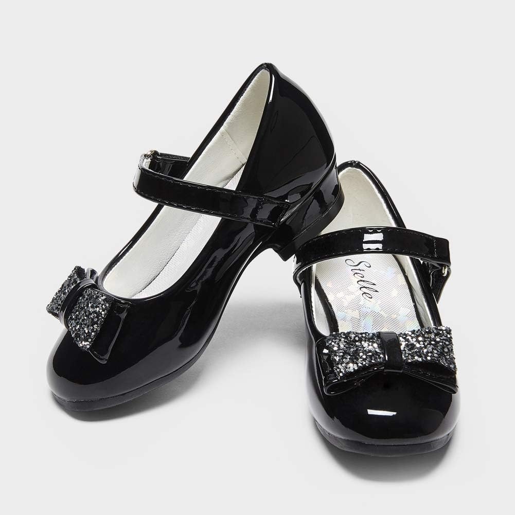 Stelle Girls Mary Jane Dress Shoes Low Heel Glitter Patent Bow Kids Party Wedding Flower Girl School Shoes(Toddler/Little/Big Kid)(Elegant Square Buckle-black)