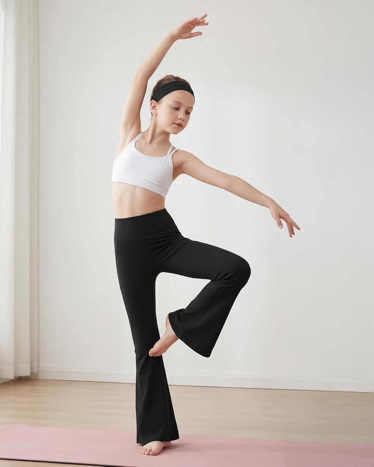 Stelle Girls Flare Leggings Bell Bottoms Yoga Pants with Pockets High Waisted Bootcut Dance Pants(Black)