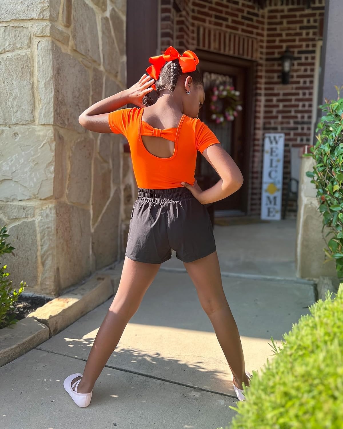 Stelle Leotard for Girls Black Ballet Dance Leotard Gymnastics Outfits with Bow Back (Toddler/Little/Big Kids)(1-orange)