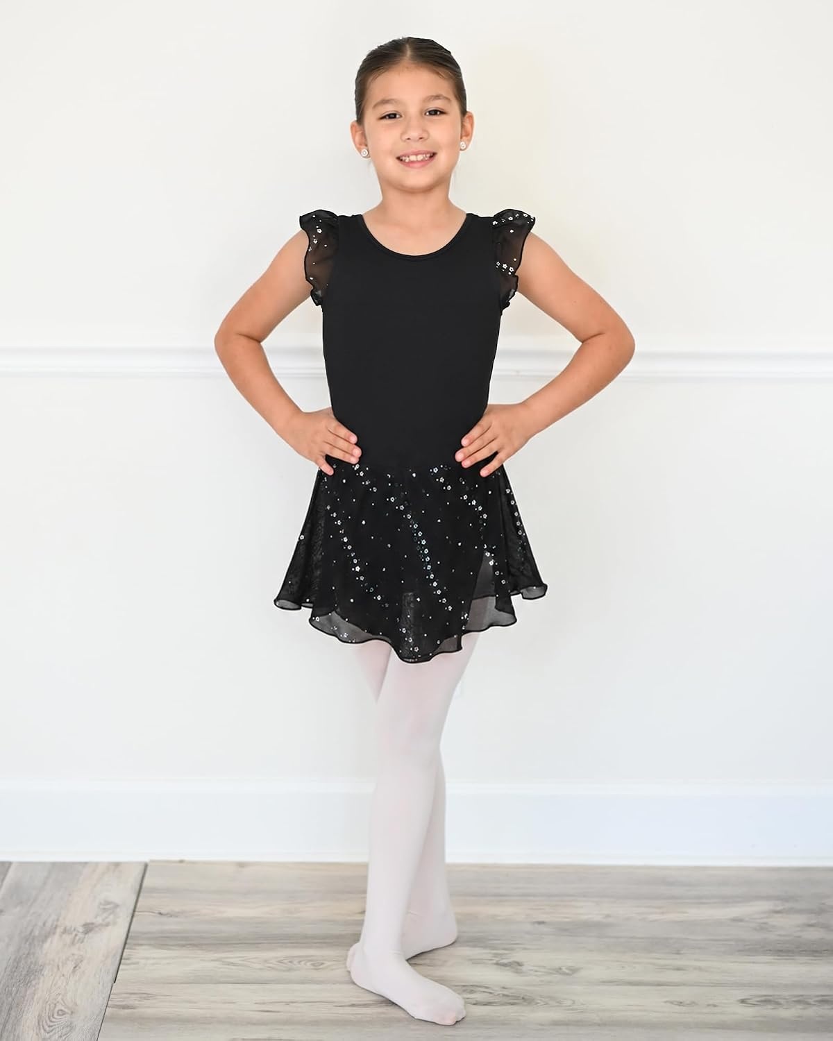 Stelle Girls Flutter Sleeve Ballet Leotards Toddler Tutu Skirted Dresses(Black)