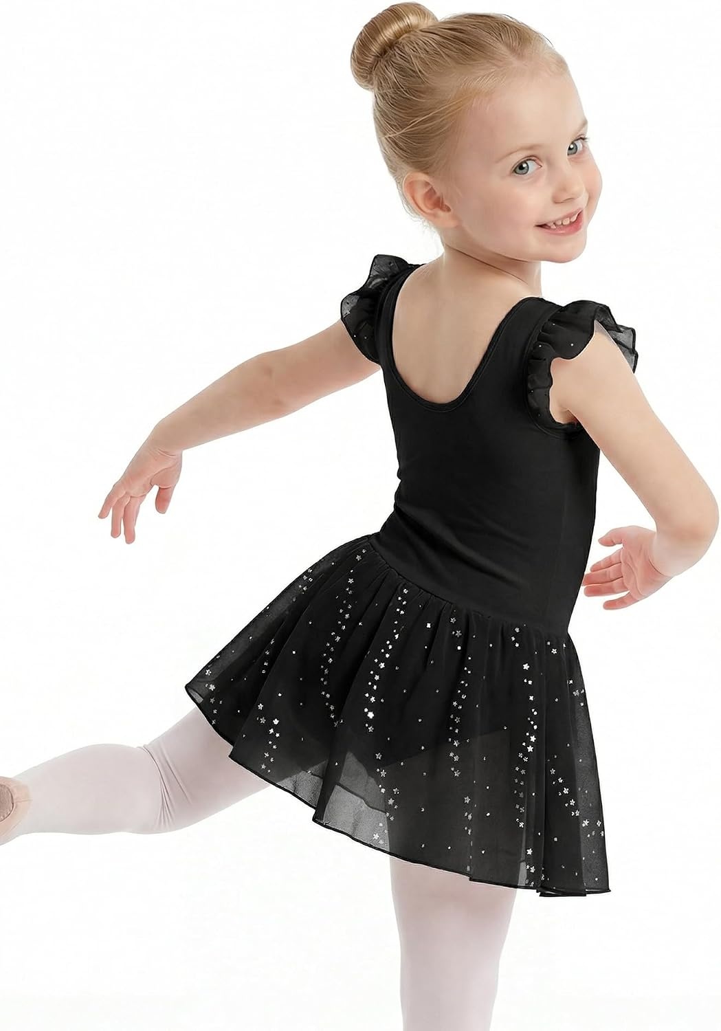 Stelle Girls Flutter Sleeve Ballet Leotards Toddler Tutu Skirted Dresses(Black)