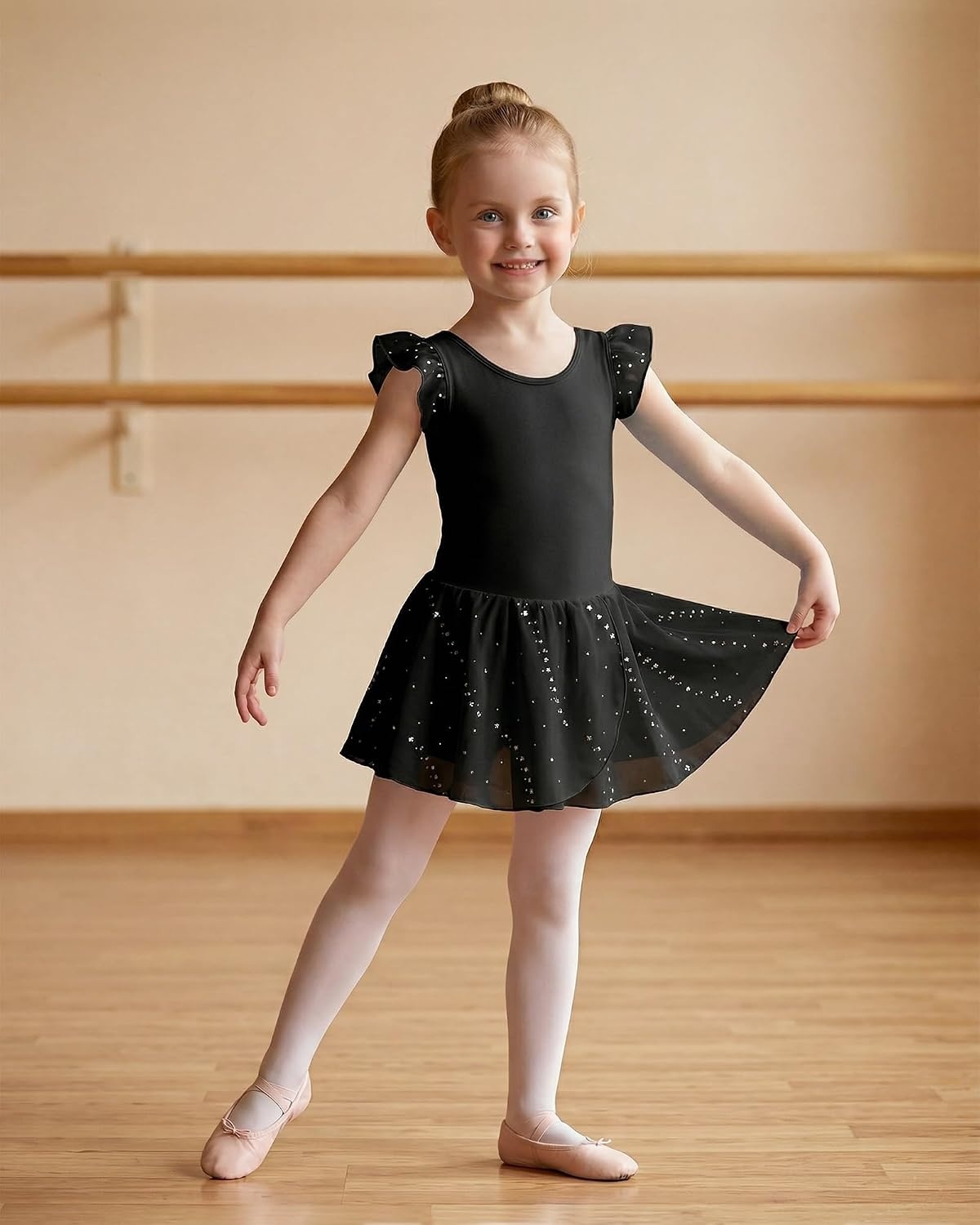 Stelle Girls Flutter Sleeve Ballet Leotards Toddler Tutu Skirted Dresses(Black)