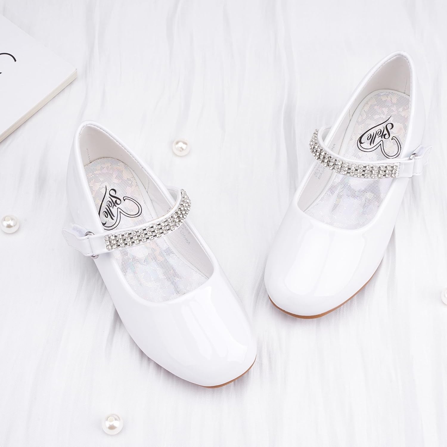 Stelle Girls Mary Jane Dress Shoes Low Heel Glitter Patent Bow Kids Party Wedding Flower Girl School Shoes(Toddler/Little/Big Kid)(Classic Patent-white(chain))