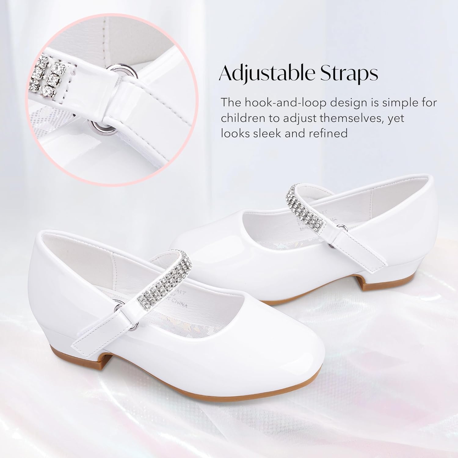 Stelle Girls Mary Jane Dress Shoes Low Heel Glitter Patent Bow Kids Party Wedding Flower Girl School Shoes(Toddler/Little/Big Kid)(Classic Patent-white(chain))