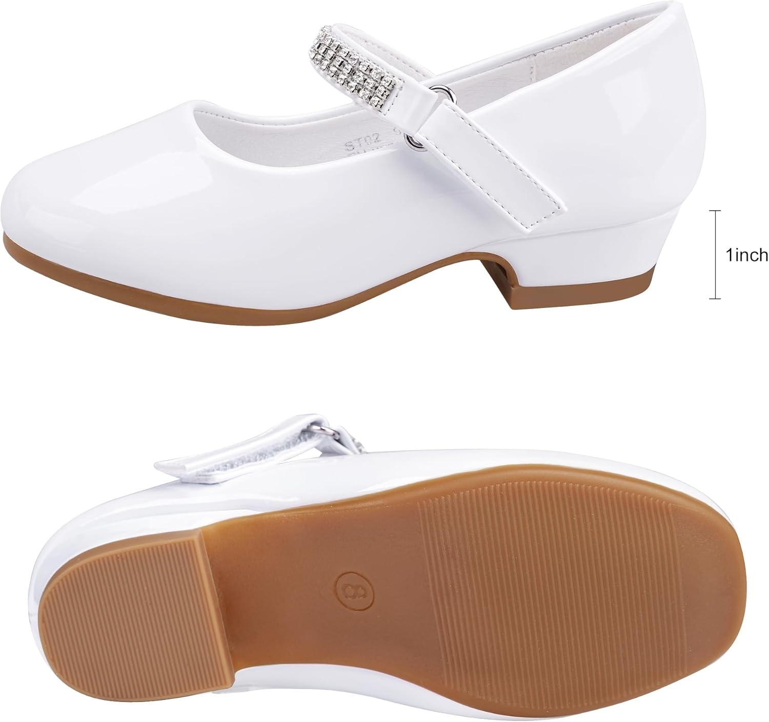 Stelle Girls Mary Jane Dress Shoes Low Heel Glitter Patent Bow Kids Party Wedding Flower Girl School Shoes(Toddler/Little/Big Kid)(Classic Patent-white(chain))