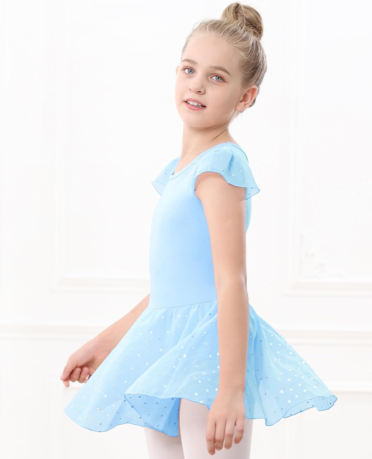 Stelle Ballet Leotards for Girls Dance Leotard with Skirt Toddler Pink Ballet Outfit Ruffle Sleeve Kids Dance Dress(1-blue(shiny Skirt))