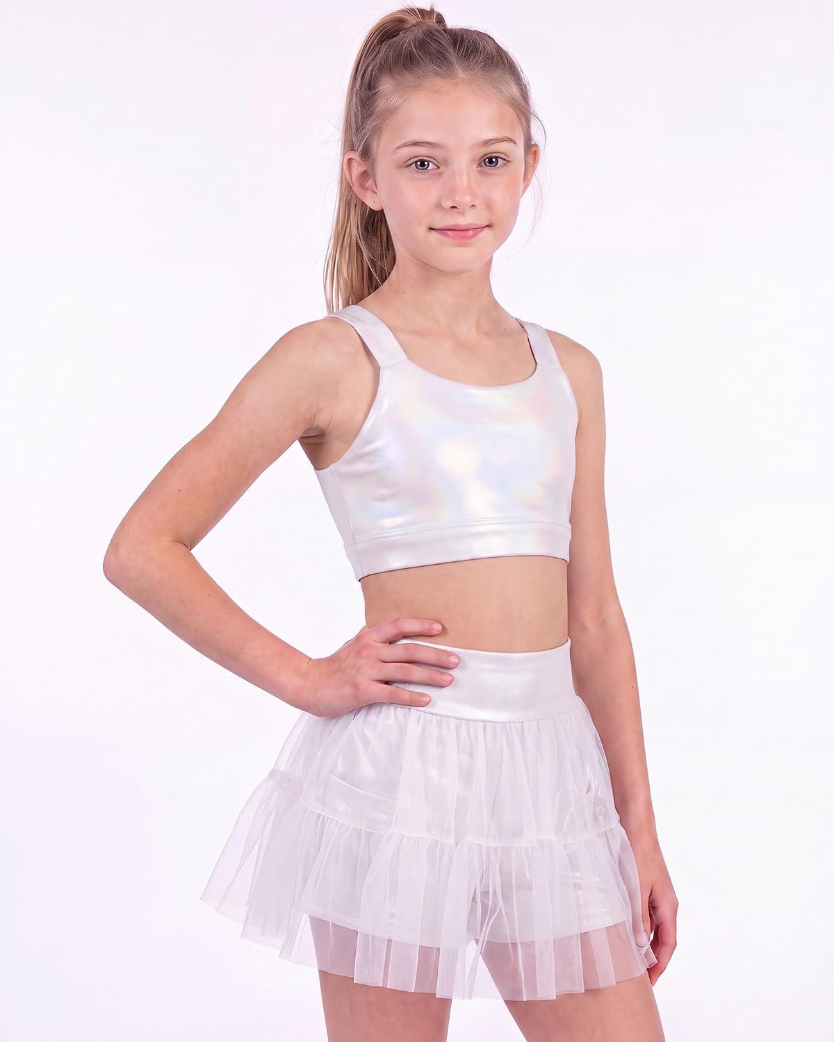 Stelle Girls Tutu Skirt with Metallic Short Tulle Ballet Dance Skort(White)