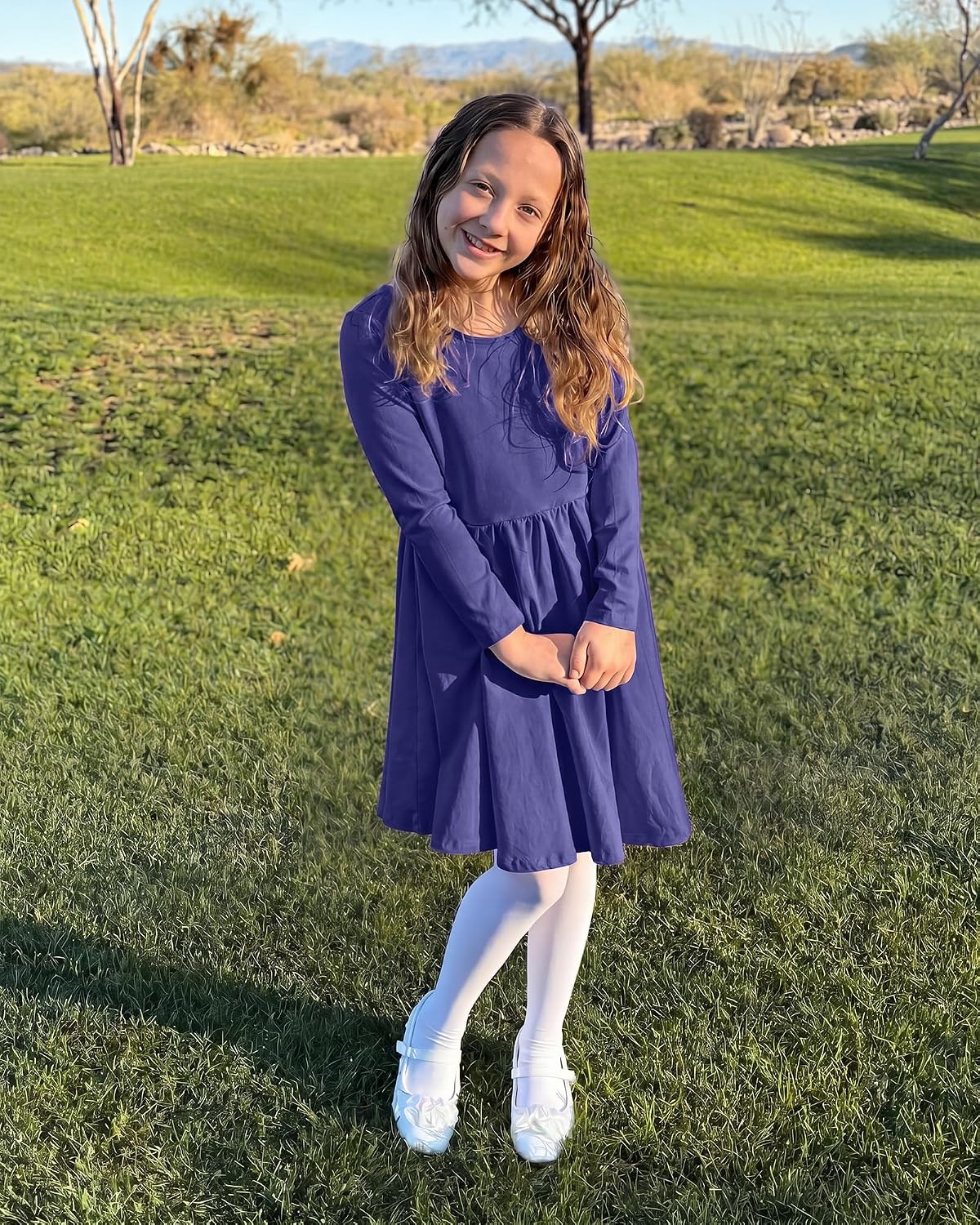 Stelle Girls Cotton Long Sleeve Dress Twirl Skater Dress 3-12Y | Criss Cross Back,A Line,Crew Neck,Cotton Dress for Tie Dye School Dance Casual Birthday Christmas Easter Spring Fall Winter(Indigo)