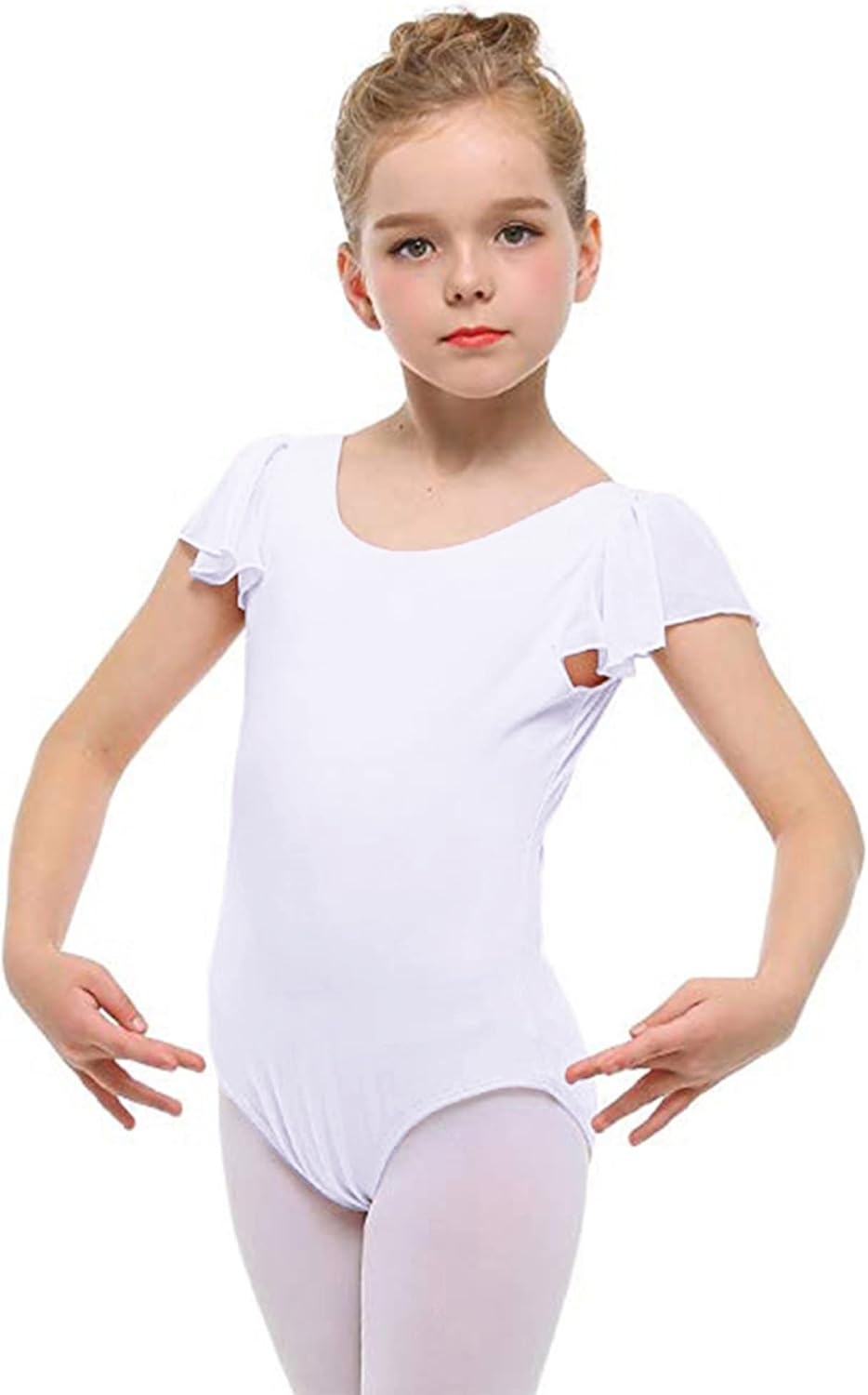 Stelle Girls Ballet Leotard Ruffle Short Sleeve for Dance Gymnastics(White)