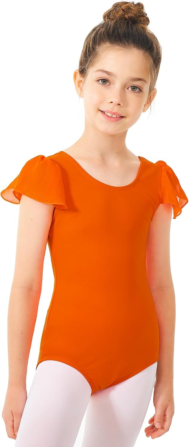 Stelle Girls Leotards Black Ballet Dance Leotards Ruffle Short Sleeve Gymnastics Outfits(Toddler/Little Kid/Big Kid)(Orange)