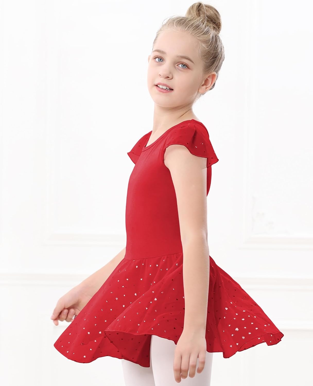 Stelle Ballet Leotards for Girls Dance Leotard with Skirt Kids Dance Dress | Ballet Dress for Toddler Girls, Ruffle Sleeve, Chiffon Skirt, Dance Costume for Performances, Birthday Party, Daily Wear(1-red(shiny Skirt))